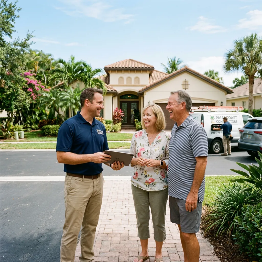 Homeowners talking with a trusted professional at their property