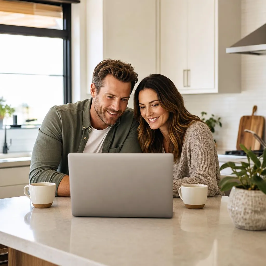 Rental property owners confidently reviewing their property report at home