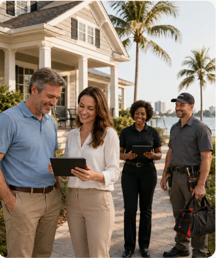 Local property management team meeting homeowners in front of a waterfront home