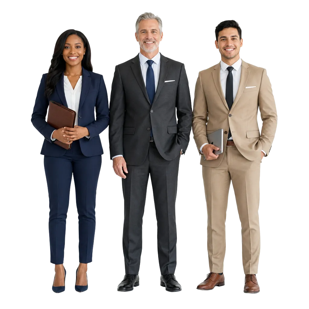 Three professionally dressed real estate agents facing forward, ready to help