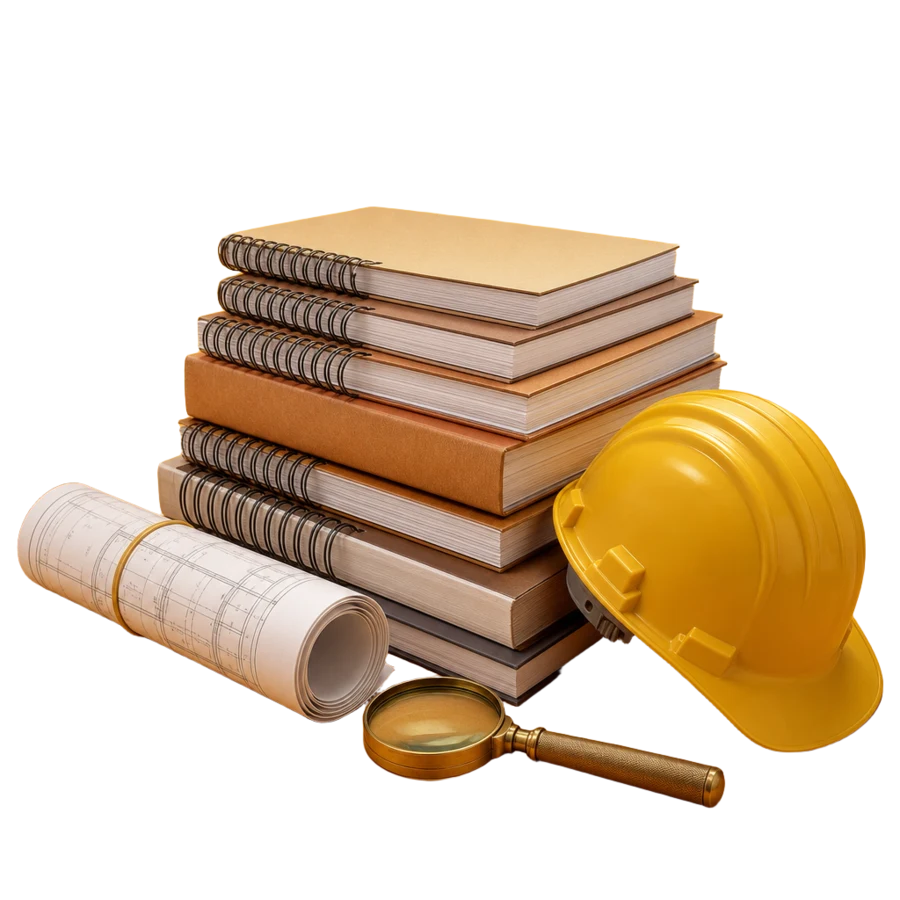 A stack of local Tampa Bay home guides with a rolled blueprint, magnifying glass and hard hat